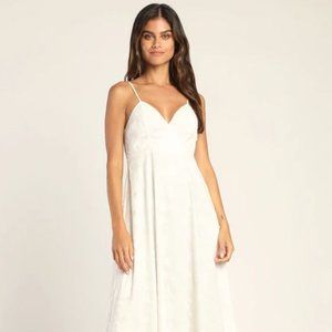 Perfectly Picturesque White Floral Burnout Surplice Midi Dress